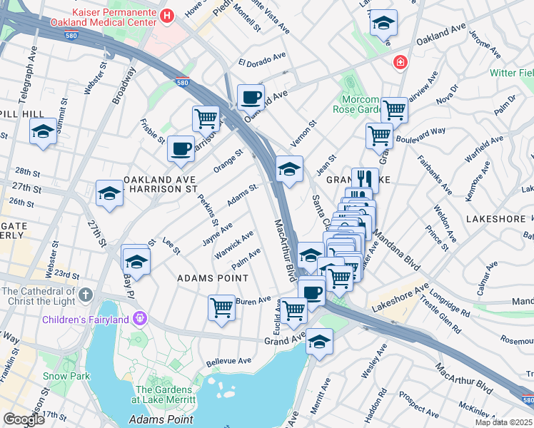 map of restaurants, bars, coffee shops, grocery stores, and more near 273 MacArthur Boulevard in Oakland