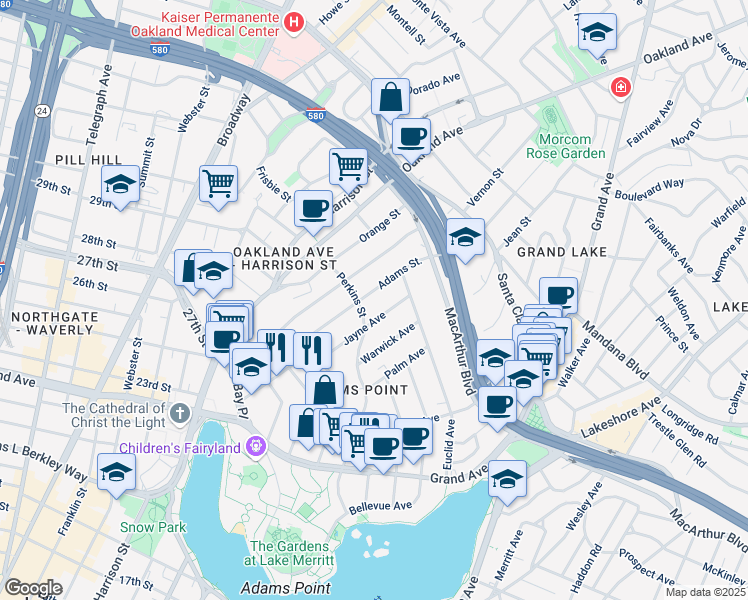 map of restaurants, bars, coffee shops, grocery stores, and more near 380 Adams Street in Oakland