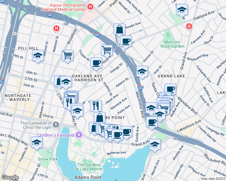 map of restaurants, bars, coffee shops, grocery stores, and more near 380 Adams Street in Oakland