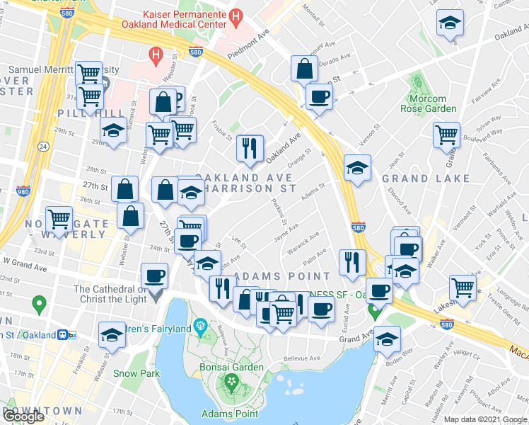 map of restaurants, bars, coffee shops, grocery stores, and more near in Oakland