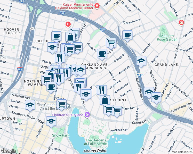 map of restaurants, bars, coffee shops, grocery stores, and more near in Oakland