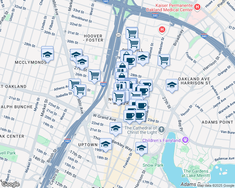 map of restaurants, bars, coffee shops, grocery stores, and more near 541 Sycamore Street in Oakland