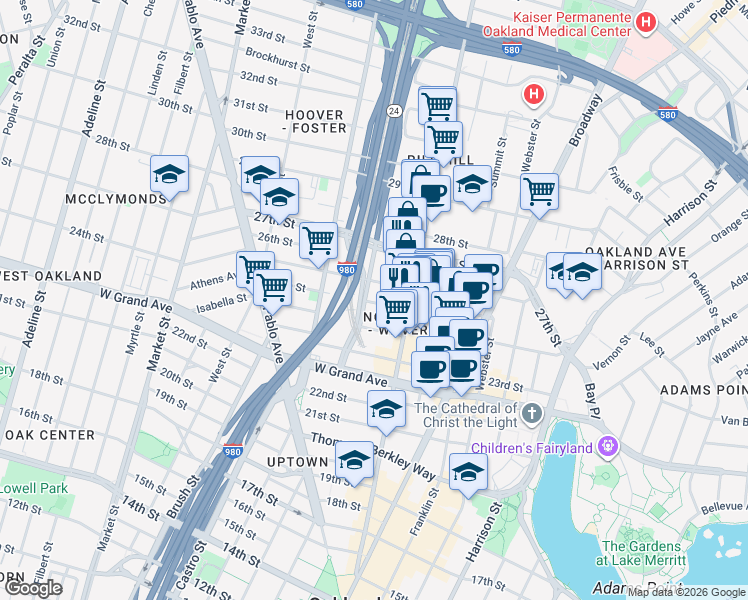 map of restaurants, bars, coffee shops, grocery stores, and more near 541 Sycamore Street in Oakland