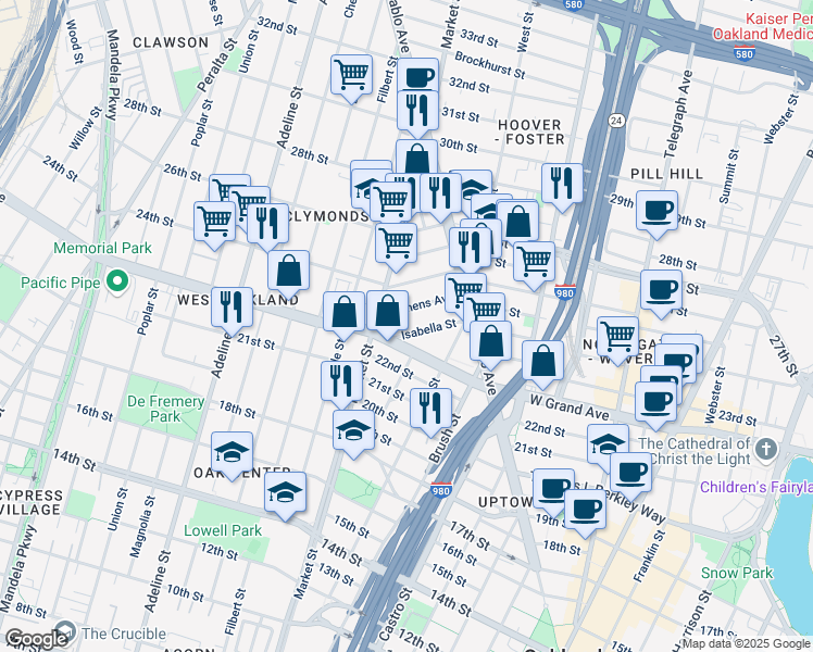 map of restaurants, bars, coffee shops, grocery stores, and more near 863 Athens Avenue in Oakland