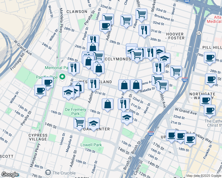 map of restaurants, bars, coffee shops, grocery stores, and more near in Oakland