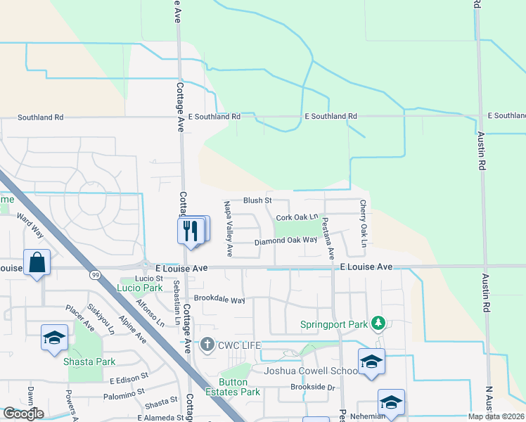 map of restaurants, bars, coffee shops, grocery stores, and more near 1247 Empire Avenue in Manteca