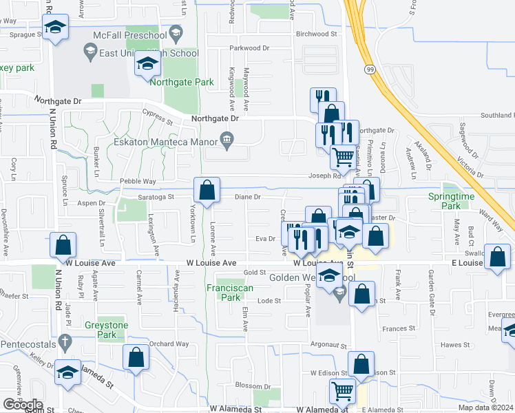 map of restaurants, bars, coffee shops, grocery stores, and more near 451 Wilma Court in Manteca