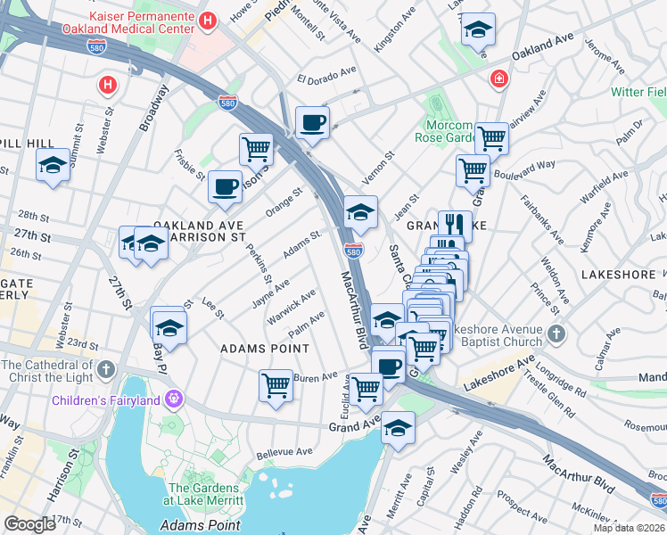 map of restaurants, bars, coffee shops, grocery stores, and more near 281 MacArthur Boulevard in Oakland