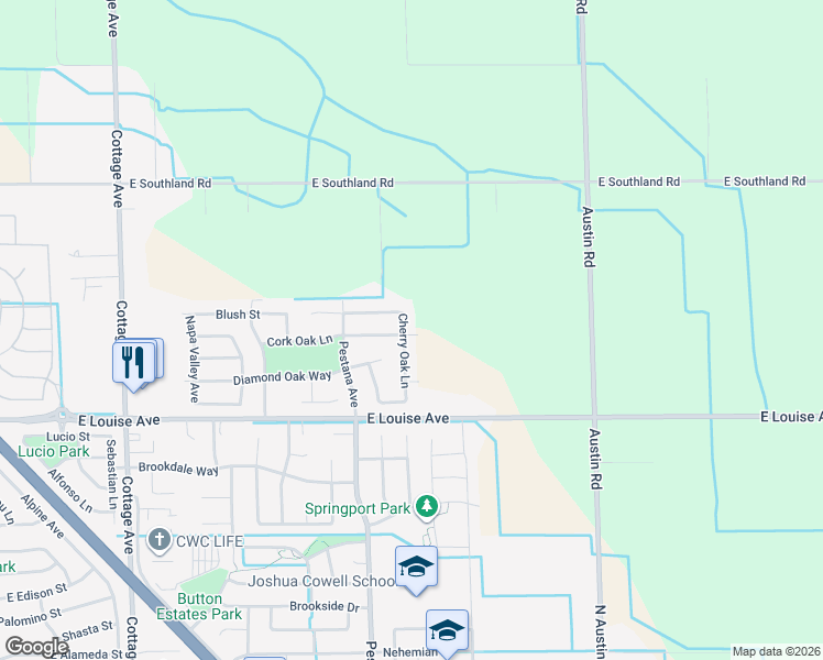 map of restaurants, bars, coffee shops, grocery stores, and more near 1994 Pin Oak Lane in Manteca