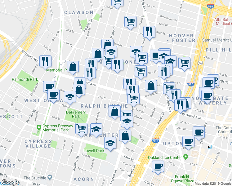 map of restaurants, bars, coffee shops, grocery stores, and more near 1035 West Grand Avenue in Oakland