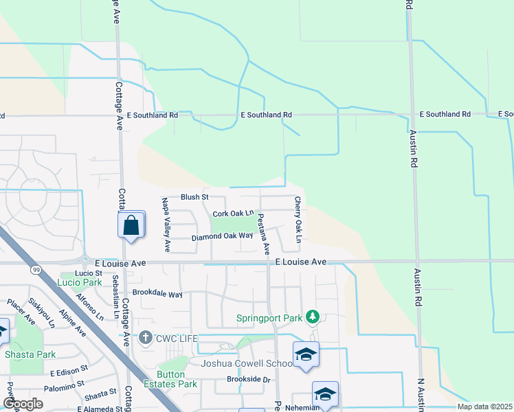 map of restaurants, bars, coffee shops, grocery stores, and more near 1883 Cork Oak Lane in Manteca