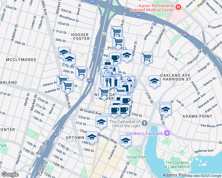map of restaurants, bars, coffee shops, grocery stores, and more near 2526 Telegraph Avenue in Oakland