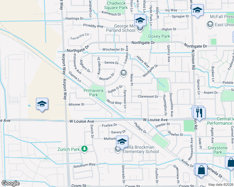 map of restaurants, bars, coffee shops, grocery stores, and more near 1256 Sicily Way in Manteca