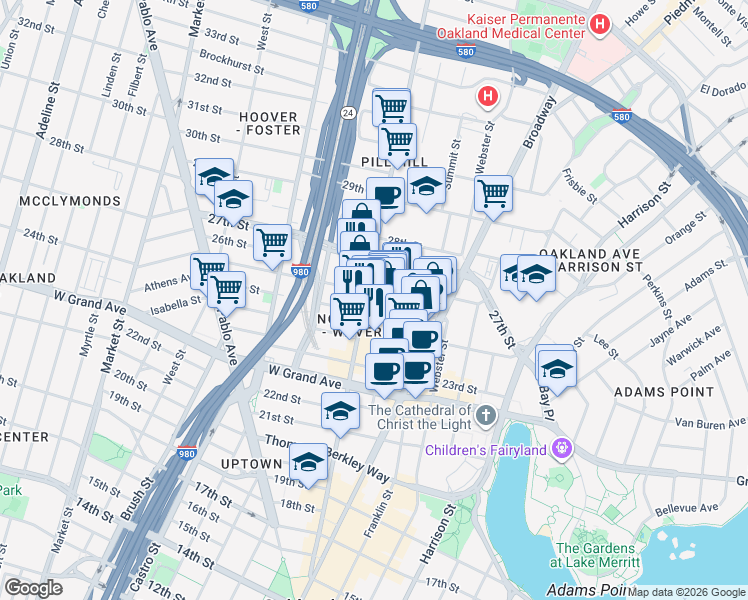 map of restaurants, bars, coffee shops, grocery stores, and more near 498 25th Street in Oakland