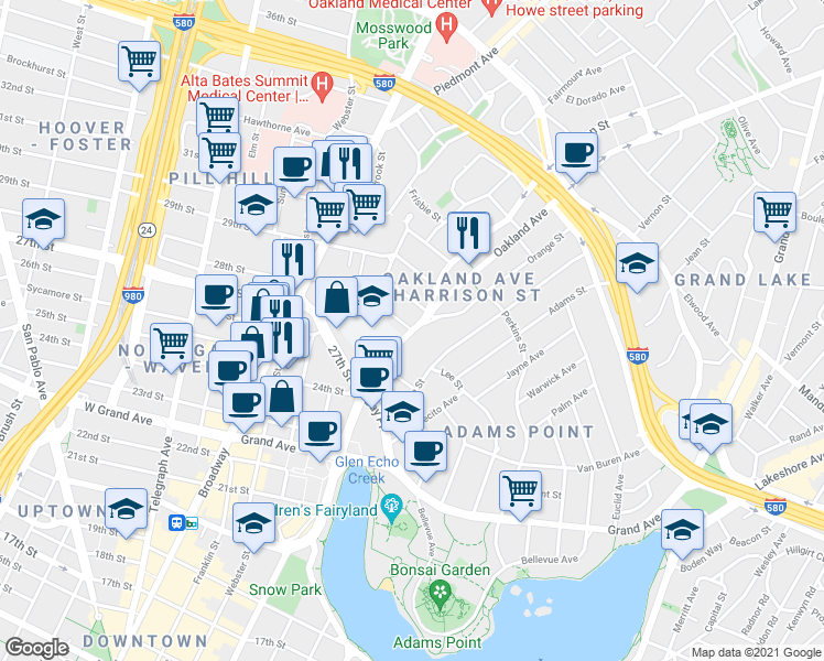 map of restaurants, bars, coffee shops, grocery stores, and more near Harrison St & Hamilton Pl in Oakland