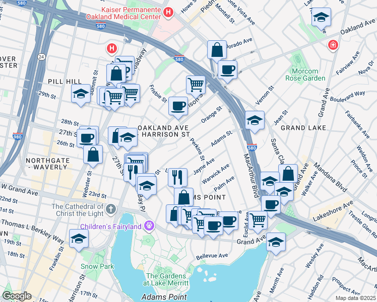 map of restaurants, bars, coffee shops, grocery stores, and more near 330 Vernon Street in Oakland