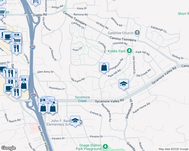 map of restaurants, bars, coffee shops, grocery stores, and more near 572 Old Farm Road in Danville