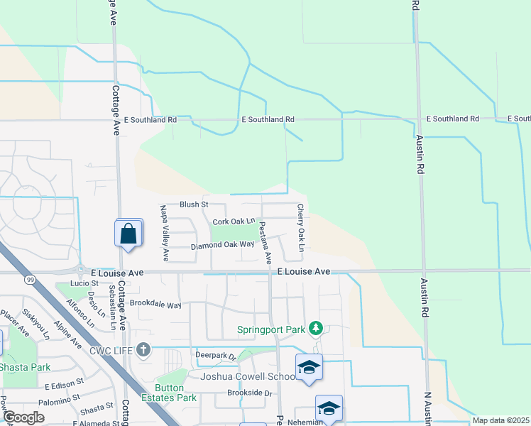 map of restaurants, bars, coffee shops, grocery stores, and more near 1907 Cork Oak Lane in Manteca