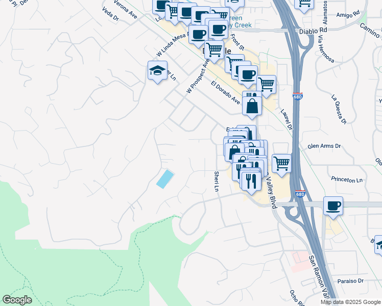 map of restaurants, bars, coffee shops, grocery stores, and more near 42 Mariposa Court in Danville