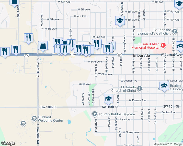 map of restaurants, bars, coffee shops, grocery stores, and more near 1625 West Ash Avenue in El Dorado
