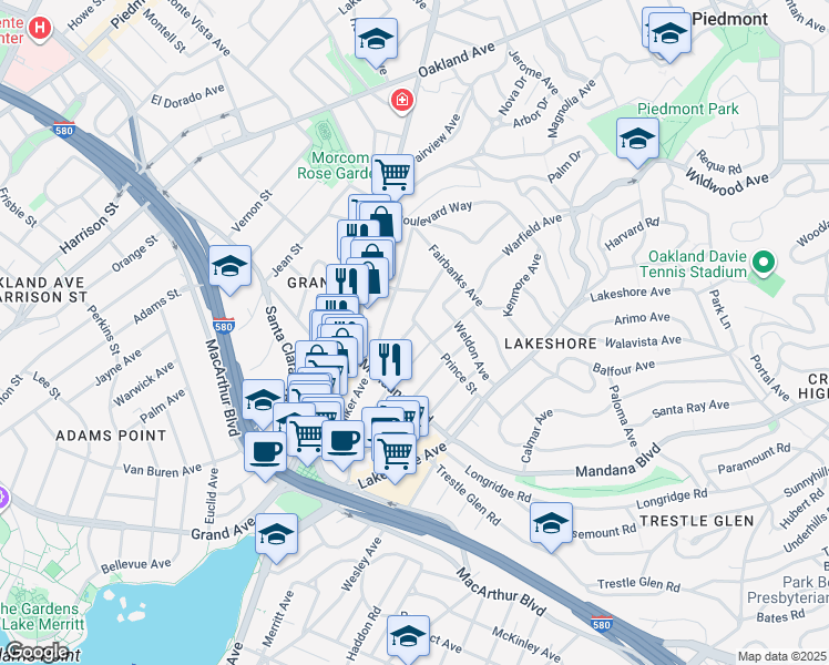 map of restaurants, bars, coffee shops, grocery stores, and more near 859 Vermont Street in Oakland