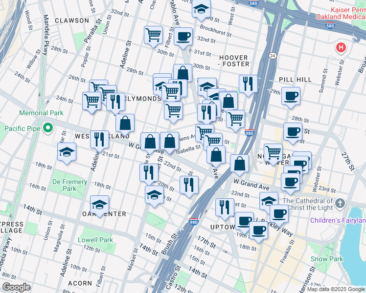 map of restaurants, bars, coffee shops, grocery stores, and more near 863 Athens Avenue in Oakland