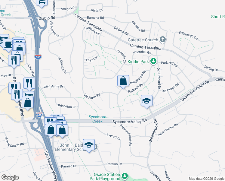 map of restaurants, bars, coffee shops, grocery stores, and more near 572 Old Farm Road in Danville