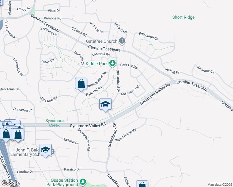 map of restaurants, bars, coffee shops, grocery stores, and more near 598 Old Orchard Drive in Danville