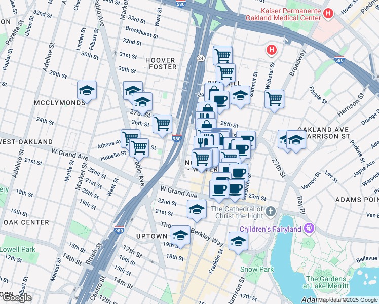 map of restaurants, bars, coffee shops, grocery stores, and more near 550 25th Street in Oakland