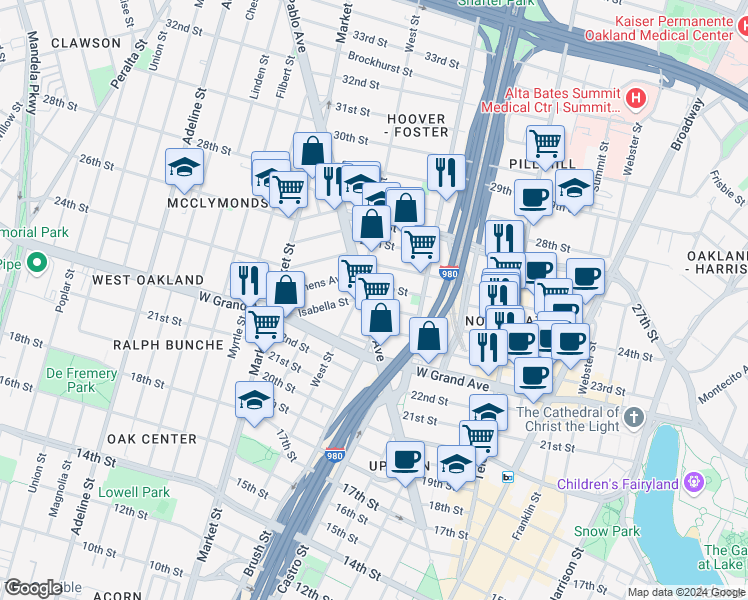 map of restaurants, bars, coffee shops, grocery stores, and more near 2416 San Pablo Avenue in Oakland