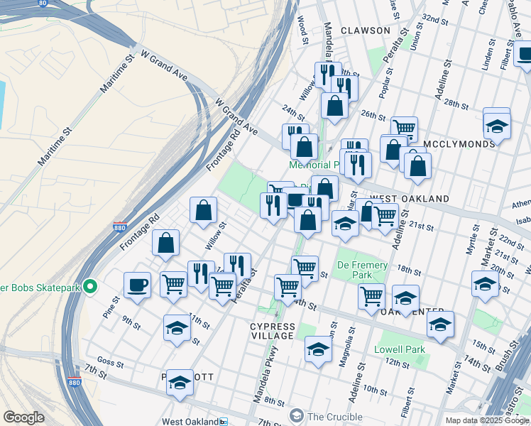 map of restaurants, bars, coffee shops, grocery stores, and more near 1800 Campbell Street in Oakland