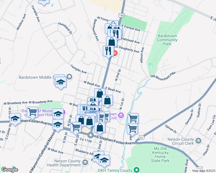 map of restaurants, bars, coffee shops, grocery stores, and more near 108 East Beall Avenue in Bardstown