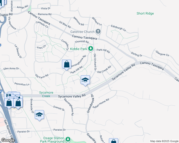 map of restaurants, bars, coffee shops, grocery stores, and more near 423 Old Orchard Court in Danville