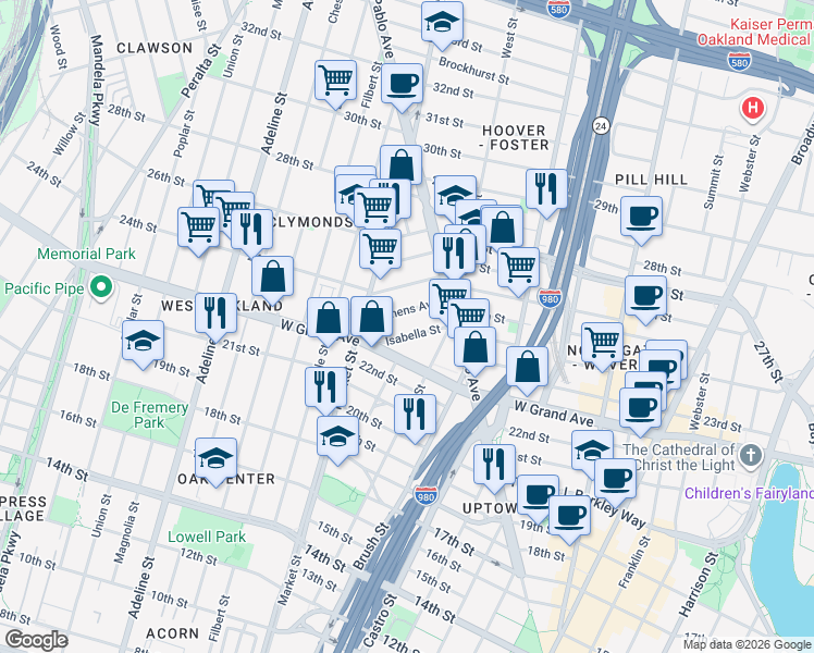 map of restaurants, bars, coffee shops, grocery stores, and more near 866 Isabella Street in Oakland