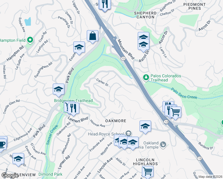 map of restaurants, bars, coffee shops, grocery stores, and more near 1817 Rosecrest Drive in Oakland