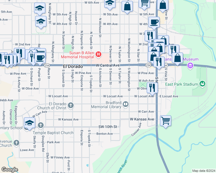 map of restaurants, bars, coffee shops, grocery stores, and more near 321 South Denver Street in El Dorado