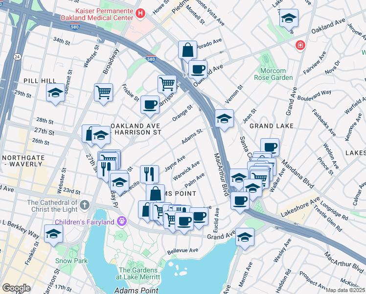 map of restaurants, bars, coffee shops, grocery stores, and more near 380 Adams Street in Oakland