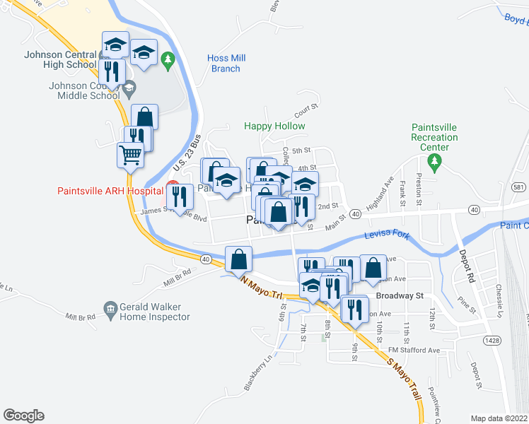map of restaurants, bars, coffee shops, grocery stores, and more near 381 2nd Street in Paintsville