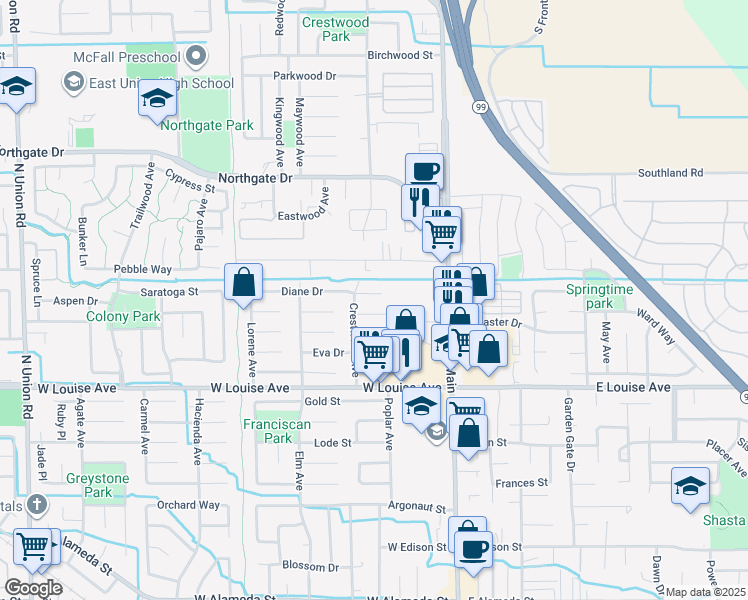 map of restaurants, bars, coffee shops, grocery stores, and more near 318 Diane Court in Manteca