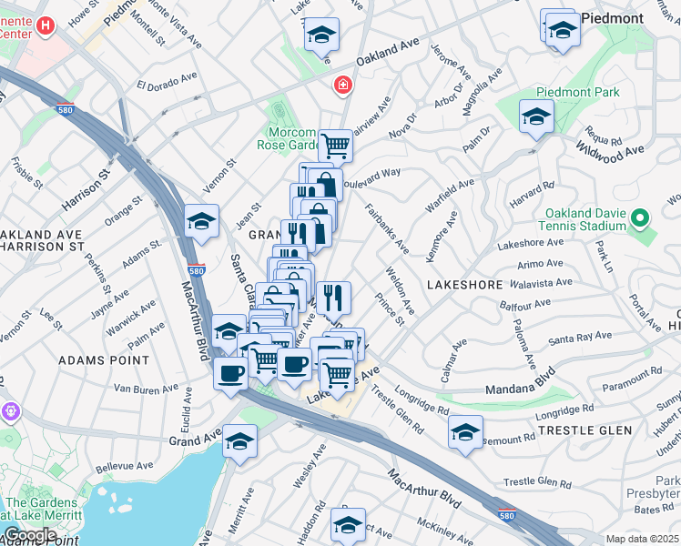 map of restaurants, bars, coffee shops, grocery stores, and more near 859 Vermont Street in Oakland