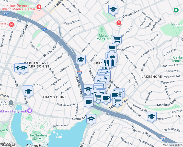 map of restaurants, bars, coffee shops, grocery stores, and more near in Oakland
