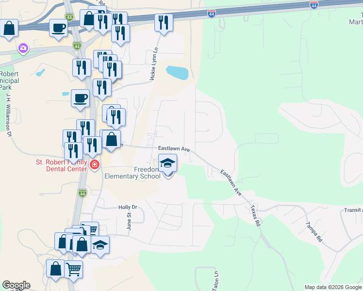 map of restaurants, bars, coffee shops, grocery stores, and more near 295 Eastlawn Avenue in Saint Robert