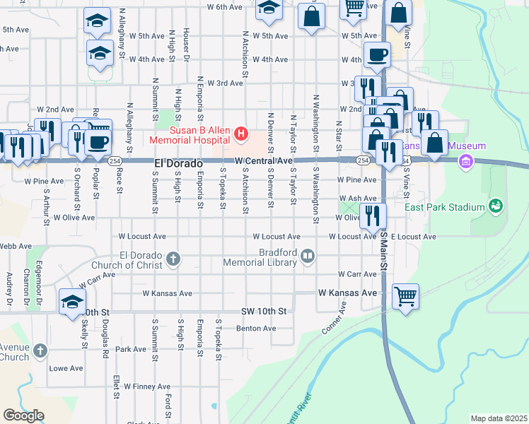 map of restaurants, bars, coffee shops, grocery stores, and more near 321 South Denver Street in El Dorado