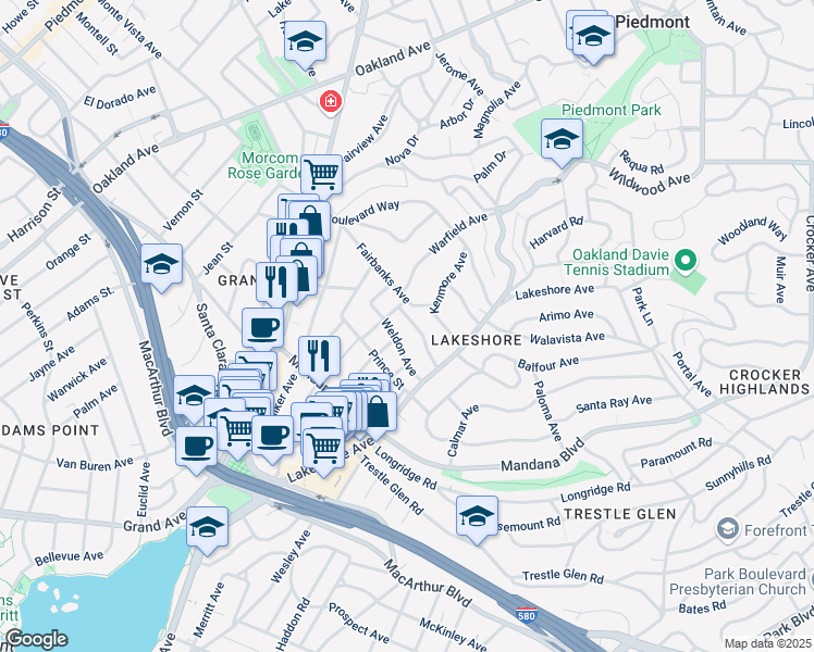 map of restaurants, bars, coffee shops, grocery stores, and more near 541 Rosal Avenue in Oakland