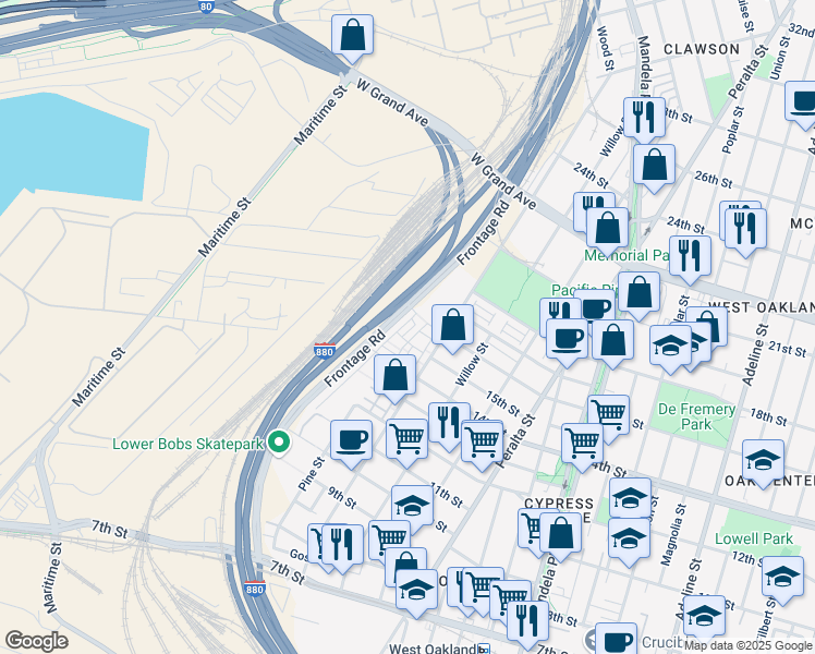 map of restaurants, bars, coffee shops, grocery stores, and more near 1510 Pullman Way in Oakland