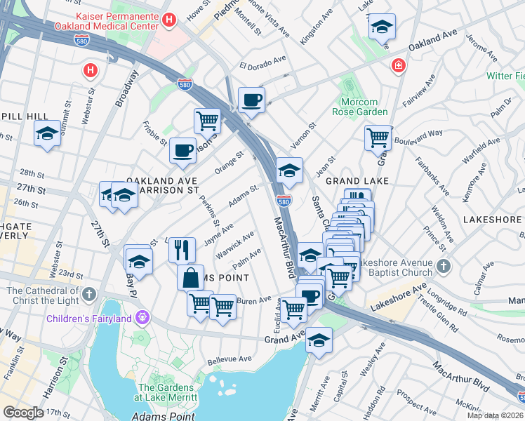 map of restaurants, bars, coffee shops, grocery stores, and more near 273 MacArthur Boulevard in Oakland