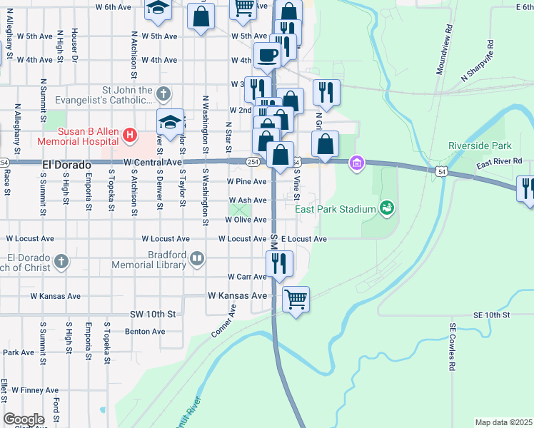 map of restaurants, bars, coffee shops, grocery stores, and more near 317 South Main Street in El Dorado