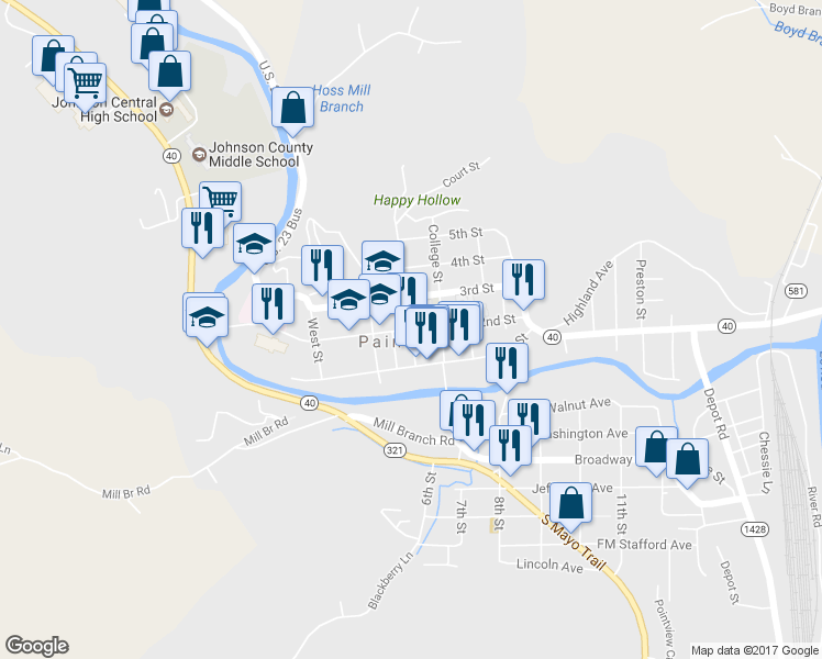 map of restaurants, bars, coffee shops, grocery stores, and more near 2nd Street in Paintsville