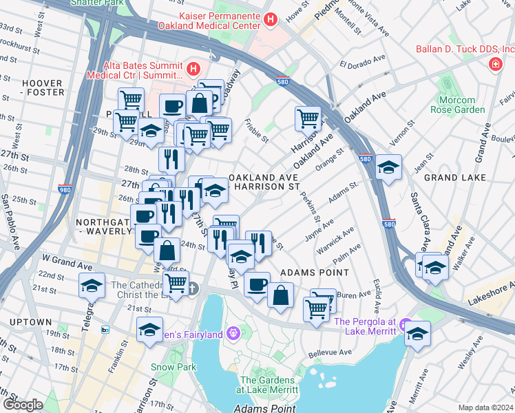 map of restaurants, bars, coffee shops, grocery stores, and more near 2726 Harrison Street in Oakland