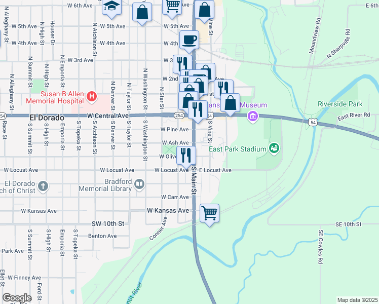 map of restaurants, bars, coffee shops, grocery stores, and more near 317 South Main Street in El Dorado